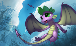 Size: 5200x3200 | Tagged: safe, artist:auroriia, character:spike, character:twilight sparkle, character:twilight sparkle (alicorn), species:alicorn, species:bird, species:dragon, species:pony, species:roc, episode:molt down, g4, my little pony: friendship is magic, cloud, flying, male, open mouth, rock, silhouette, sky, solo, winged spike