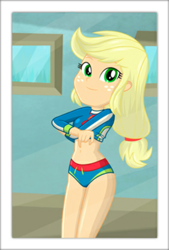 Size: 1240x1835 | Tagged: safe, artist:charliexe, edit, character:applejack, g4, my little pony: equestria girls, my little pony:equestria girls, belly button, cute, edited edit, female, geode of super strength, jackabetes, looking at you, magical geodes, midriff, solo, undressing