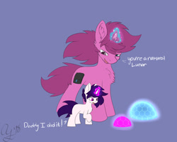 Size: 1280x1024 | Tagged: safe, artist:aurorafang, oc, oc:aurorafang, oc:lunarflare, species:pony, species:unicorn, barrier, colt, dialogue, father and son, magic, male, simple background, stallion