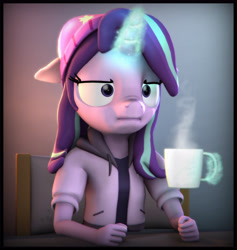 Size: 4801x5065 | Tagged: safe, artist:imafutureguitarhero, character:starlight glimmer, species:anthro, species:pony, species:unicorn, episode:marks for effort, g4, my little pony: friendship is magic, 3d, :i, absurd resolution, alternate hairstyle, alternate mane style, beanie, border, chair, chromatic aberration, clothing, cup, empathy cocoa, faec, female, film grain, fist, floppy ears, glowing horn, gradient background, hat, hoodie, i mean i see, levitation, magic, mare, mug, nose wrinkle, scene interpretation, shirt, signature, sitting, solo, source filmmaker, steam, table, telekinesis