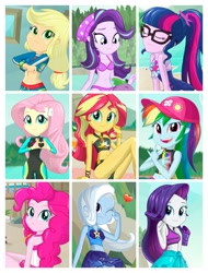 Size: 3106x4096 | Tagged: safe, artist:charliexe, character:applejack, character:fluttershy, character:pinkie pie, character:rainbow dash, character:rarity, character:starlight glimmer, character:sunset shimmer, character:trixie, character:twilight sparkle, character:twilight sparkle (scitwi), species:eqg human, equestria girls:forgotten friendship, g4, my little pony: equestria girls, my little pony:equestria girls, clothing, cute, dashabetes, diapinkes, diatrixes, glimmerbetes, heart hands, humane five, humane nine, humane seven, humane six, jackabetes, looking at you, looking over shoulder, mane nine, one eye closed, raribetes, shimmerbetes, shyabetes, swimsuit, twiabetes, undressing, wetsuit