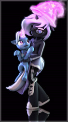 Size: 5400x9600 | Tagged: safe, artist:imafutureguitarhero, character:trixie, oc, oc:yaasho, species:anthro, species:pony, species:unguligrade anthro, species:unicorn, 3d, absurd resolution, adidas, anthro with ponies, black background, blushing, boots, border, cape, chromatic aberration, clothing, cute, diatrixes, dress, duo, female, film grain, floating, floppy ears, glasses, glow, glowing horn, grin, happy, hat, holding a pony, hoodie, horn, levitation, magic, mare, nail polish, pants, raised eyebrow, raised hoof, reflection, shoes, signature, simple background, skirt, smiling, source filmmaker, telekinesis, tracksuit, trixie's cape, trixie's hat, vertical, wall of tags