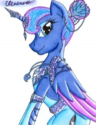 Size: 1024x1329 | Tagged: safe, artist:the1king, character:princess luna, species:alicorn, species:pony, alternate hairstyle, clothing, colored wings, dress, ear piercing, female, horn cap, horn jewelry, jewelry, necklace, piercing, smiling, solo