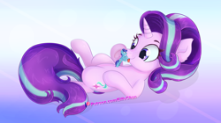 Size: 5000x2800 | Tagged: safe, artist:eifiechan, character:starlight glimmer, oc, oc:sierra nightingale, self insert, species:pegasus, species:pony, species:unicorn, blep, canon x oc, commission, cute, female, glimmerbetes, male, micro, mlem, on back, silly, size difference, smiling, stallion, tongue out