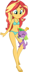 Size: 532x1313 | Tagged: safe, alternate version, artist:charliexe, edit, character:spike, character:spike (dog), character:sunset shimmer, species:dog, ship:sunsetspike, my little pony:equestria girls, belly button, bikini, clothing, confused, cute, dawwww, female, hug, leg hug, male, not sure if want, shipping, show accurate, simple background, spikabetes, spike the dog, spikelove, straight, swimsuit, transparent background