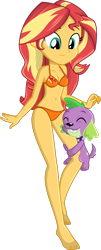 Size: 532x1313 | Tagged: safe, alternate version, artist:charliexe, edit, character:spike, character:spike (dog), character:sunset shimmer, species:dog, ship:sunsetspike, my little pony:equestria girls, barefoot, belly button, bikini, breasts, cleavage, clothing, confused, cute, dawwww, feet, female, hug, leg hug, male, shipping, show accurate, simple background, smiling, spikabetes, spike the dog, spikelove, straight, swimsuit, transparent background