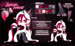 Size: 2444x1500 | Tagged: safe, artist:zombie, oc, oc only, oc:von zinfandel infidelity, oc:zin, species:bat pony, species:pony, amputee, bat pony oc, claws, colored pupils, crown, edgy, evil, evil grin, female, grin, jewelry, long mane, long tail, mare, prosthetic limb, prosthetics, reference sheet, regalia, royalty, smiling, solo, villainess