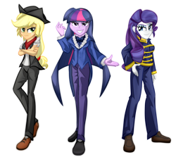 Size: 4600x4100 | Tagged: safe, artist:geraritydevillefort, character:applejack, character:rarity, character:twilight sparkle, character:twilight sparkle (alicorn), my little pony:equestria girls, absurd resolution, clothing, crossed arms, danglajacks, danglars, evil grin, evil twilight, freckles, grin, looking at you, mondego, monsparkle, musical, pants, rarifort, redraw, simple background, smiling, smirk, the count of monte cristo, the count of monte rainbow, transparent background, villefort