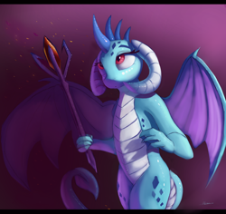 Size: 4968x4680 | Tagged: safe, artist:auroriia, character:princess ember, species:dragon, absurd resolution, bloodstone scepter, curved horn, dragon lord ember, dragoness, eyelashes, female, looking up, purple background, signature, simple background, solo, spread wings, staff, wings