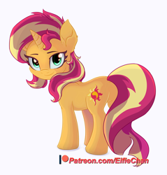 Size: 2200x2300 | Tagged: safe, artist:eifiechan, character:sunset shimmer, species:pony, species:unicorn, cute, female, high res, looking at you, looking back, looking back at you, patreon, patreon logo, shimmerbetes, simple background, smiling, solo, white background