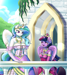 Size: 797x900 | Tagged: safe, artist:draltruist, part of a set, character:princess celestia, character:twilight sparkle, character:twilight sparkle (alicorn), species:alicorn, species:anthro, species:pony, balcony, big breasts, big crown thingy, breasts, busty princess celestia, castle, cleavage, clothing, dress, female, horn, jewelry, looking at each other, part of a series, regalia, vine, wings