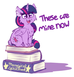 Size: 1227x1271 | Tagged: safe, artist:graphene, character:twilight sparkle, character:twilight sparkle (alicorn), species:alicorn, species:pony, :3, behaving like a cat, book, butt fluff, cat, catified, cheek fluff, chest fluff, cute, dialogue, ear fluff, fangs, female, fluffy, horn, kittycorn, open mouth, simple background, sitting, smiling, smirk, solo, species swap, text, that pony sure does love books, twiabetes, twilight cat, white background, wings