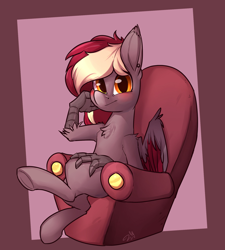 Size: 1280x1422 | Tagged: safe, artist:passigcamel, oc, oc only, oc:velvet quill, species:hippogriff, blushing, chair, chest fluff, cute, ear piercing, piercing, sitting