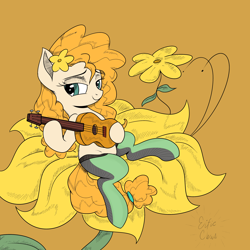 Size: 3000x3000 | Tagged: safe, artist:eifiechan, artist:icey-wicey-1517, edit, character:pear butter, species:earth pony, species:pony, acoustic guitar, bedroom eyes, brown background, buttercup, clothing, color edit, colored, cute, female, flower, flower in hair, mare, micro, pearabetes, simple background, socks, solo, stockings, thigh highs