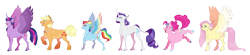 Size: 5829x1284 | Tagged: safe, artist:vindhov, character:applejack, character:fluttershy, character:pinkie pie, character:rainbow dash, character:rarity, character:twilight sparkle, character:twilight sparkle (alicorn), species:alicorn, species:classical unicorn, species:pony, species:unicorn, alternate hairstyle, blaze (coat marking), cloven hooves, colored hooves, colored wings, colored wingtips, hair bun, hairpin, leonine tail, mane six, multicolored wings, older, rainbow wings, short hair, simple background, spread wings, star (coat marking), transparent background, unshorn fetlocks, wings