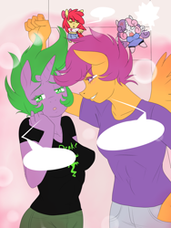 Size: 1200x1600 | Tagged: safe, artist:lurking tyger, character:apple bloom, character:barb, character:scootaloo, character:spike, character:sweetie belle, species:anthro, species:pegasus, species:pony, ship:scootaspike, angry, clothing, cutie mark crusaders, female, half r63 shipping, lesbian, older, older apple bloom, older scootaloo, older sweetie belle, ponified, rule 63, scootabarb, shipping, straight