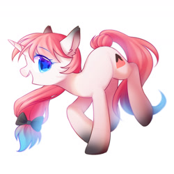 Size: 1800x1800 | Tagged: safe, artist:leafywind, oc, oc only, species:pony, species:unicorn, bow, colored pupils, ear fluff, female, gradient hair, gradient hooves, hair bow, looking at you, mare, open mouth, profile, simple background, smiling, solo, starry eyes, white background, wingding eyes