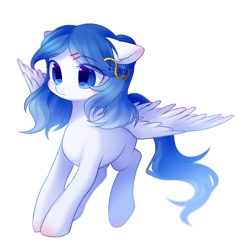 Size: 2000x2000 | Tagged: safe, artist:leafywind, oc, oc only, species:pegasus, species:pony, colored pupils, ear fluff, female, floppy ears, flying, hair accessory, hairpin, mare, simple background, solo, spread wings, white background, wings