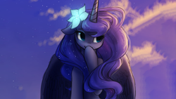 Size: 2667x1500 | Tagged: safe, artist:katputze, edit, character:princess luna, species:alicorn, species:pony, cloud, cloudy, covering, covering mouth, cute, female, floppy ears, flower, flower in hair, lidded eyes, lunabetes, mare, missing accessory, outdoors, raised hoof, raised leg, sky, smiling, solo, spread wings, stars, wallpaper, wallpaper edit, wings