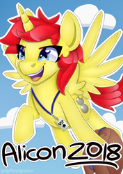 Size: 4536x6415 | Tagged: safe, artist:partylikeanartist, oc, oc only, oc:spheres, species:alicorn, species:pony, absurd resolution, alicon, alicorn oc, badge, con badge, convention, convention:alicon, female, flying, mare, mascot, poster, simple background, sky, solo, starry eyes, suitcase, wingding eyes
