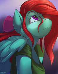 Size: 1800x2300 | Tagged: safe, artist:noben, oc, oc only, oc:cara swiftwing, species:anthro, species:pegasus, species:pony, clothing, female, hair bow, looking up, mare, shirt, solo, wings