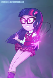 Size: 704x1034 | Tagged: safe, artist:charliexe, character:twilight sparkle, character:twilight sparkle (scitwi), species:eqg human, equestria girls:friendship games, g4, my little pony: equestria girls, my little pony:equestria girls, clothing, crystal prep academy uniform, evil, female, glasses, glowing eyes, grin, implied midnight sparkle, legs, magic capture device, miniskirt, possessed, school uniform, skirt, smiling, socks, solo, thighs, vest
