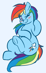 Size: 459x733 | Tagged: safe, artist:graphene, character:rainbow dash, species:pegasus, species:pony, blue background, blushing, cute, dashabetes, female, looking at you, mare, one eye closed, plump, simple background, solo