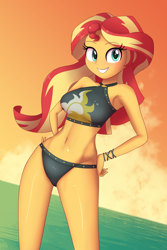 Size: 1280x1920 | Tagged: safe, alternate version, artist:zelc-face, character:sunset shimmer, g4, my little pony: equestria girls, my little pony:equestria girls, adorasexy, armpits, beach babe, beautiful, belly button, bikini, bikini babe, bikini bottom, black swimsuit, breasts, busty sunset shimmer, clothing, cute, cutie mark swimsuit, female, jeweled swimsuit, legs, looking at you, midriff, sexy, smiling, solo, summer sunset, swimsuit, thighs, wristband, zelc-face's swimsuits