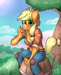 Size: 2200x2700 | Tagged: safe, artist:passigcamel, character:applejack, species:anthro, species:earth pony, g4, apple, female, food, looking at you, mare, signature, sitting, solo, sweat, sweatdrop, three quarter view, tree, zap apple