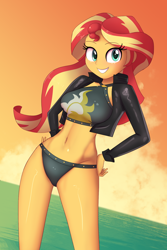 Size: 1280x1920 | Tagged: safe, alternate version, artist:zelc-face, edit, character:sunset shimmer, species:human, my little pony:equestria girls, adorasexy, beautiful, belly button, bikini, bikini bottom, black swimsuit, breasts, bubble, busty sunset shimmer, clothing, cute, cutie mark swimsuit, female, jacket, leather jacket, looking at you, midriff, sexy, shimmerbetes, smiling, solo, sunset, swimsuit, thighs, water, zelc-face's swimsuits