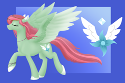 Size: 2592x1728 | Tagged: safe, artist:mythpony, oc, oc:frost wing, species:pegasus, species:pony, cutie mark, eyes closed, female, hooves, lineless, mare, raised hoof, solo, spread wings, wings