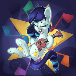 Size: 2200x2200 | Tagged: safe, artist:passigcamel, character:coloratura, species:earth pony, species:pony, eyes closed, female, mare, open mouth, rara, singing, solo, ukulele, underhoof
