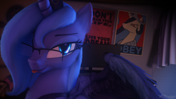Size: 3840x2160 | Tagged: safe, artist:doctorthei, character:princess celestia, character:princess luna, species:alicorn, species:pony, 3d, bedroom eyes, bust, chest fluff, ear fluff, female, fluffy, glasses, looking at you, mare, s1 luna, solo, source filmmaker, spread wings, tongue out, wings