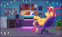 Size: 5000x3000 | Tagged: safe, artist:eifiechan, character:pinkie pie, character:sunset shimmer, species:earth pony, species:pony, species:unicorn, book, bookshelf, chair, computer, controller, d.va, d.va headphones, desk, female, gamer sunset, glowing horn, keyboard, magic, mare, overwatch, patreon, patreon logo, plant, potted plant, refrigerator, smiling, solo, speakers, telekinesis, television, video game