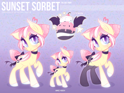 Size: 4000x3000 | Tagged: safe, artist:zombie, oc, oc only, oc:sunset sorbet, species:bat pony, species:pony, bat pony oc, bow, clothing, collar, female, garter belt, looking at you, mare, reference sheet, solo, stockings, tail bow, thigh highs
