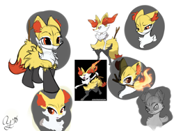 Size: 1400x1050 | Tagged: safe, artist:aurorafang, artist:xous54, species:fox, species:pony, angry, braixen, crossover, fire, grayscale, monochrome, painting, pokémon, sad, sketch, stick, style