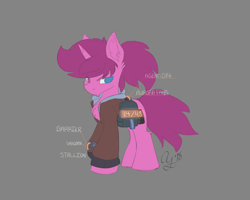 Size: 1280x1024 | Tagged: safe, artist:aurorafang, oc, oc only, oc:aurorafang, species:pony, species:unicorn, clothing, colored, gray background, heterochromia, jacket, male, saddle bag, simple background, sketch, solo, stallion, tom clancy's the division