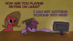Size: 1280x712 | Tagged: safe, artist:hewison, character:berry punch, character:berryshine, oc, oc:pun, species:earth pony, species:pony, ask pun, ask, brown background, brown hair, computer, female, green eyes, helmet, mare, pun, purple eyes, purple hair, simple background, skyrim, the elder scrolls