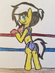 Size: 600x800 | Tagged: safe, artist:binary6, oc, oc only, oc:uppercute, species:earth pony, species:pony, bipedal, boxing gloves, boxing ring, freckles, solo, traditional art