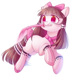 Size: 2000x2000 | Tagged: safe, artist:leafywind, oc, oc only, species:earth pony, species:pony, bow, clothing, colored pupils, female, hair bow, hairband, mare, mouth hold, simple background, smiling, socks, solo, starry eyes, sword, tail band, tail bow, weapon, white background, wingding eyes