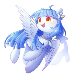 Size: 2000x2000 | Tagged: safe, artist:leafywind, oc, oc only, species:pegasus, species:pony, choker, colored pupils, female, flying, looking up, mare, open mouth, simple background, smiling, solo, spread wings, starry eyes, white background, wingding eyes, wings