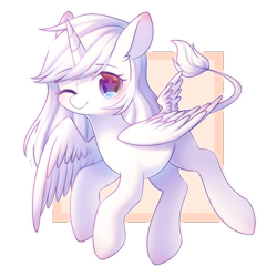 Size: 2000x2000 | Tagged: safe, artist:leafywind, oc, oc only, species:alicorn, species:pony, abstract background, alicorn oc, colored pupils, ear fluff, female, leonine tail, mare, one eye closed, simple background, smiling, solo, starry eyes, transparent background, wingding eyes, wink