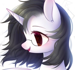 Size: 1500x1400 | Tagged: safe, artist:leafywind, oc, oc only, species:alicorn, species:pony, abstract background, alicorn oc, bust, colored pupils, ear fluff, female, glasses, mare, open mouth, portrait, profile, smiling, solo, starry eyes, windswept mane, wingding eyes