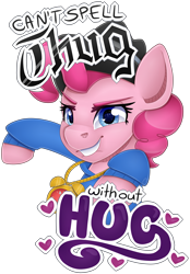 Size: 3047x4388 | Tagged: safe, artist:partylikeanartist, character:pinkie pie, episode:testing testing 1-2-3, g4, my little pony: friendship is magic, chains, clock, clothing, design, female, hat, heart eyes, hug life, jewelry, mc pinkie, necklace, rapper pie, shirt, shirt design, simple background, solo, sticker, text, thug life, tracksuit, transparent background, wingding eyes