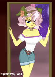 Size: 1024x1424 | Tagged: safe, artist:danielitamlp, character:vignette valencia, equestria girls:rollercoaster of friendship, g4, my little pony: equestria girls, my little pony:equestria girls, bare shoulders, breasts, busty vignette valencia, clothing, curvy, female, full moon, hair over one eye, moon, night, shorts, solo, stars, vignette valencia