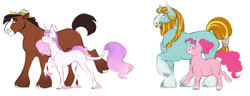 Size: 1024x394 | Tagged: safe, artist:vindhov, character:pinkie pie, character:princess celestia, character:rockhoof, character:trouble shoes, species:earth pony, species:pony, species:unicorn, blaze (coat marking), braid, colored fetlocks, colored hooves, crack shipping, disguise, female, hoof fluff, leonine tail, long feather, male, mare, pink-mane celestia, race swap, raised hoof, rockpie, shipping, simple background, socks (coat marking), stallion, straight, troublestia, unicorn celestia, unshorn fetlocks, white background