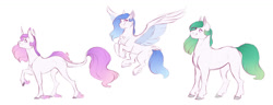 Size: 1600x615 | Tagged: safe, artist:vindhov, character:princess celestia, species:earth pony, species:pegasus, species:pony, species:unicorn, blue-mane celestia, cloven hooves, colored fetlocks, disguise, earth pony celestia, feathered fetlocks, flying, green-mane celestia, leonine tail, pegasus celestia, pink-mane celestia, race swap, simple background, spread wings, tail feathers, unicorn celestia, white background, wings