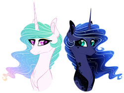 Size: 2000x1500 | Tagged: safe, artist:australian-senior, character:princess celestia, character:princess luna, species:alicorn, species:pony, alternate design, bust, duo, ethereal mane, female, galaxy mane, mare, portrait, royal sisters, simple background, sisters, transparent background