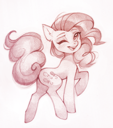 Size: 1363x1540 | Tagged: safe, artist:lispp, character:pinkie pie, species:earth pony, species:pony, ear fluff, female, gift art, looking at you, looking back, looking back at you, mare, monochrome, one eye closed, open mouth, pencil drawing, raised hoof, simple background, sketch, smiling, solo, traditional art, white background, wink