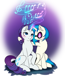 Size: 2900x3400 | Tagged: safe, artist:draltruist, character:dj pon-3, character:rarity, character:vinyl scratch, species:pony, species:unicorn, blushing, female, horns are touching, lesbian, looking up, magic, mare, music notes, rariscratch, shipping, sitting, smiling, sunglasses